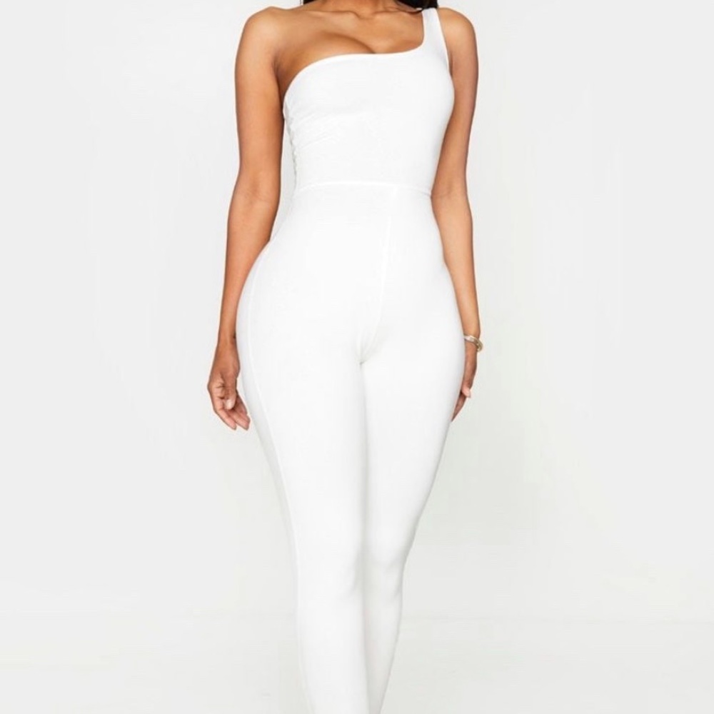 PLT: Cream Cotton One Shoulder Jumpsuit